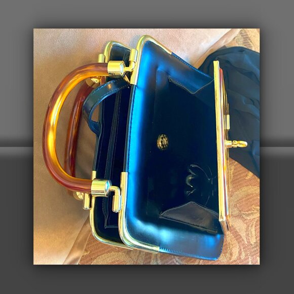 Black Leather Handbag with Amber Swirl Lucite Handles and Panel - Picture 7 of 7